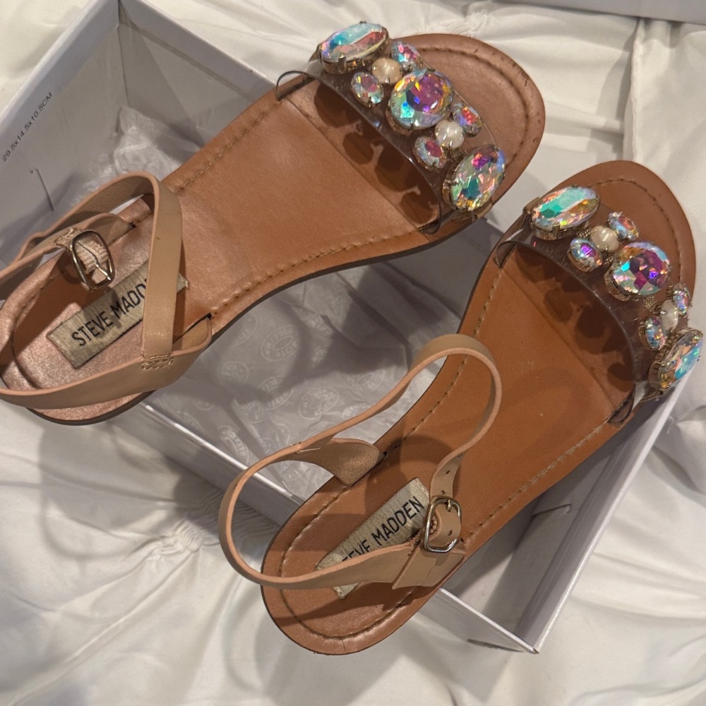 Steve Madden Tan Jeweled Flat Sandals with Iridescent Gems